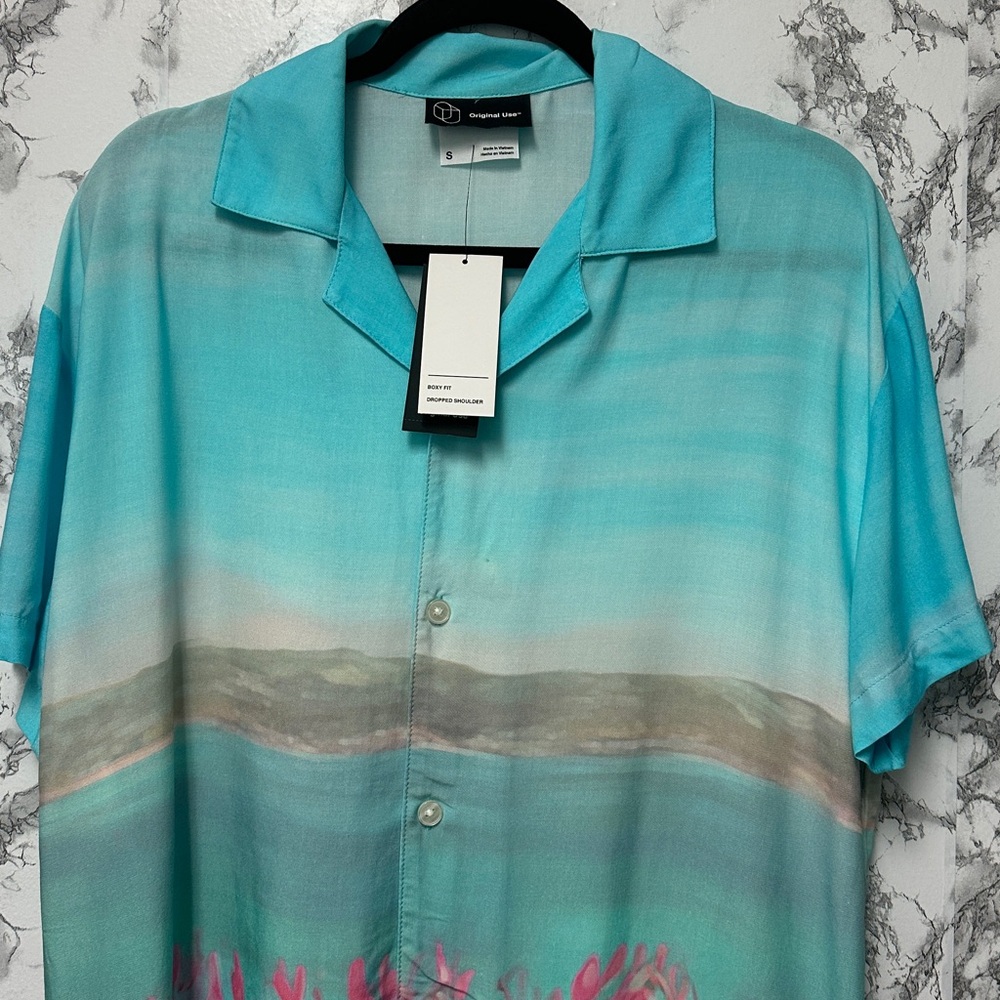 Original Use Men's Turquoise Patterned Short-Sleeve Button Shirt Boxy Fit Size S - Picture 5 of 12